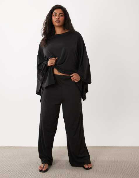 ASOS DESIGN Curve wide leg co-ord trouser in black - view 1