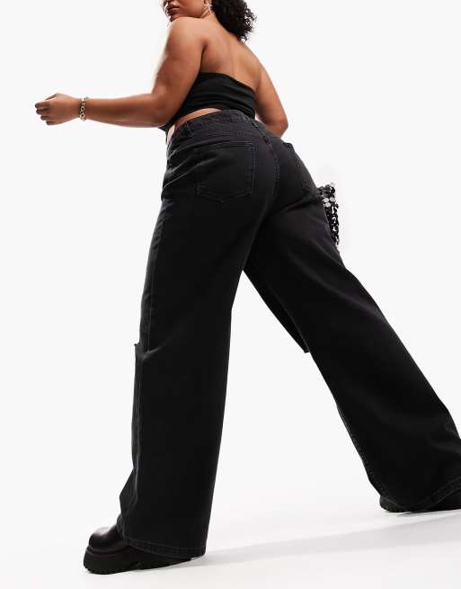 ASOS DESIGN Curve wide leg dad jean in washed black with rips