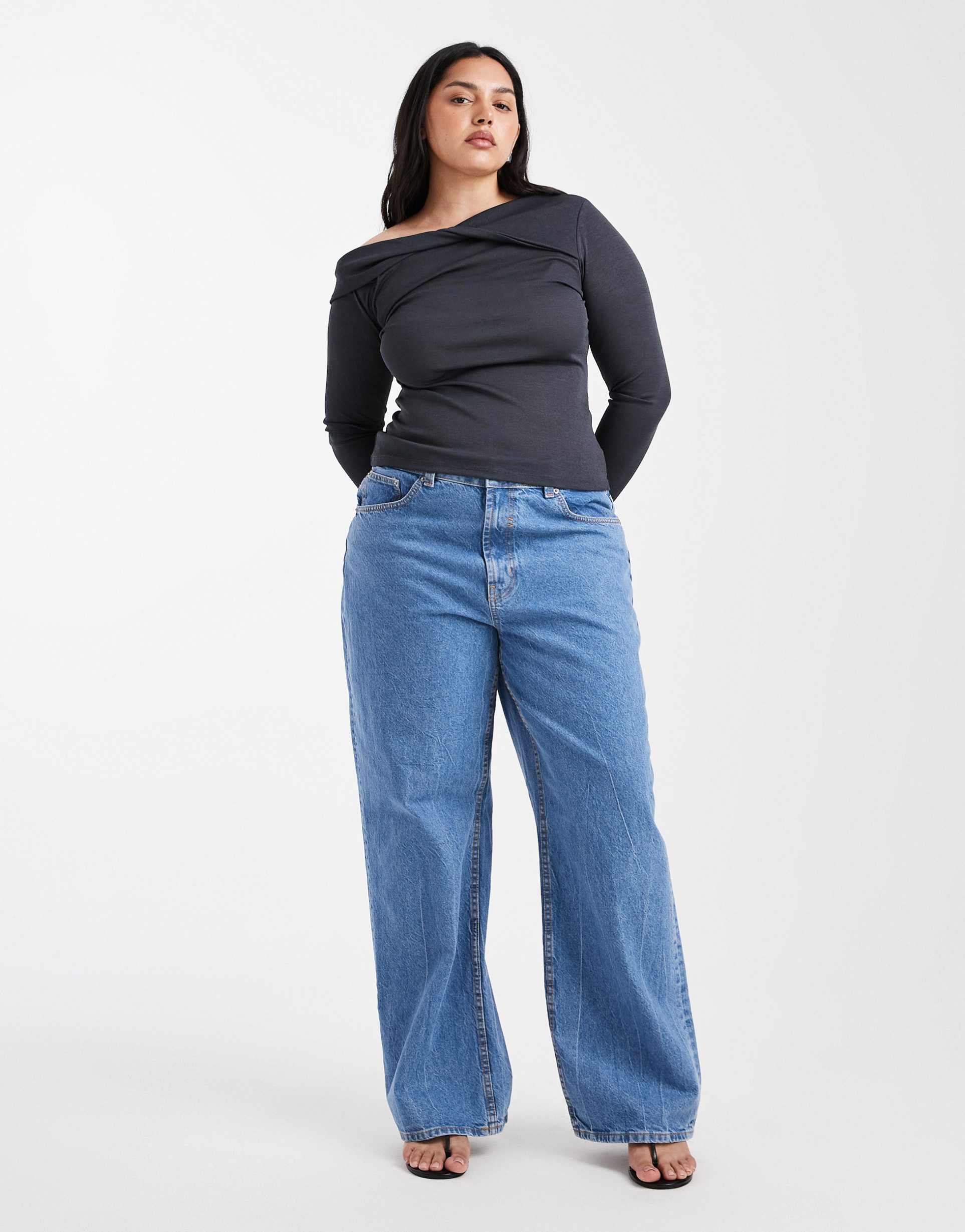 asos design curve wide leg dad jeans in clean blue