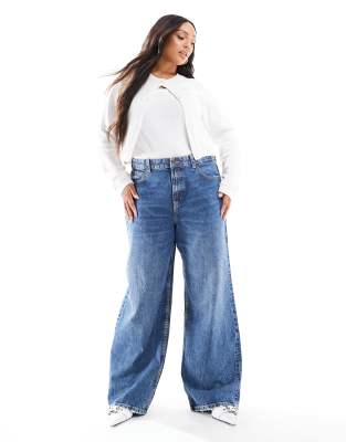 ASOS DESIGN Curve wide leg dad jeans in dark mid blue