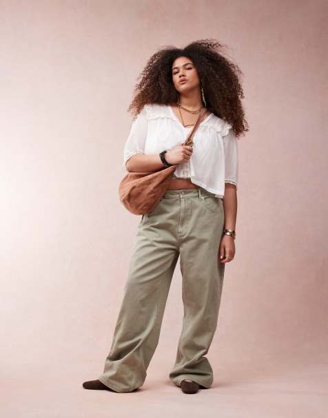 ASOS DESIGN Curve wide leg dad jeans in khaki - view 1
