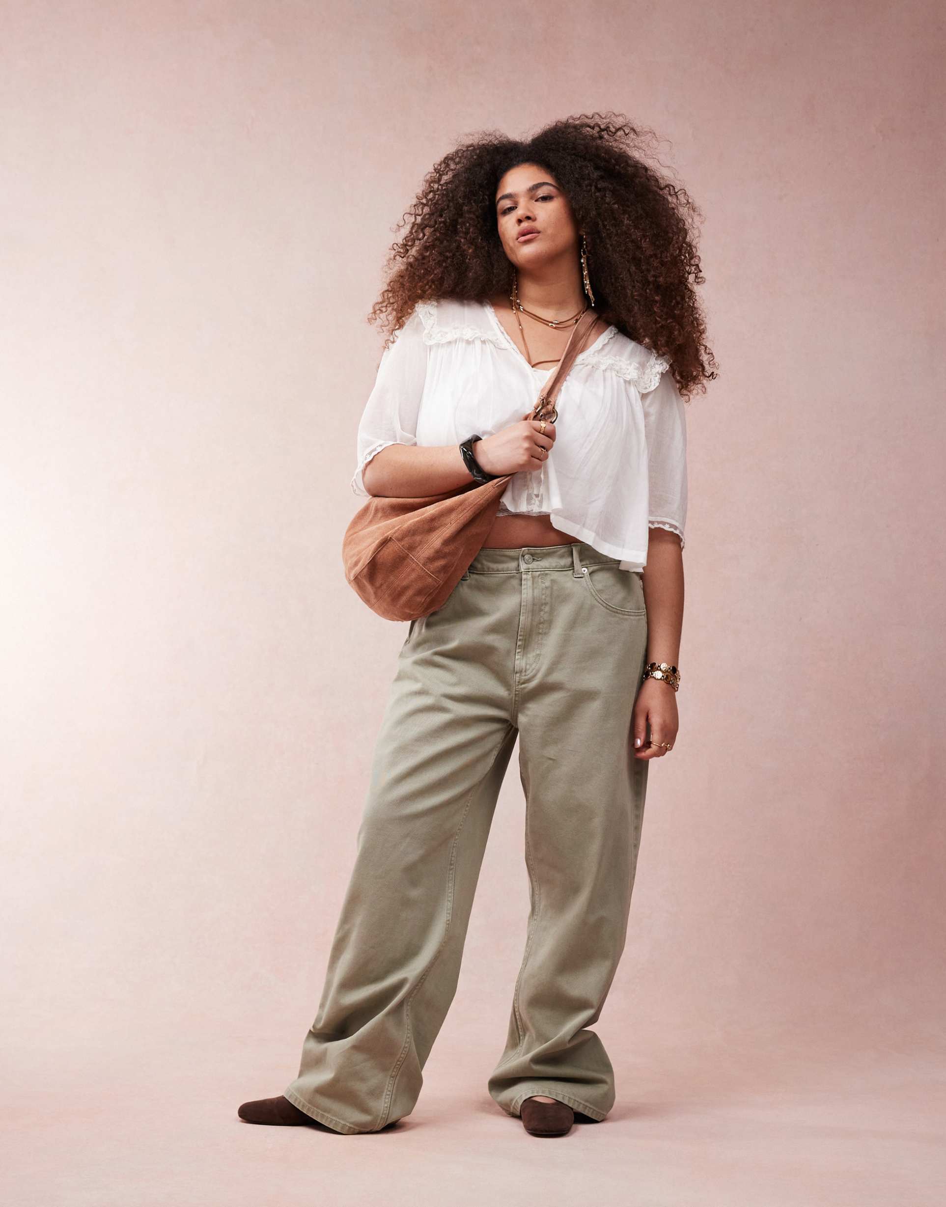 asos design curve wide leg dad jeans in khaki
