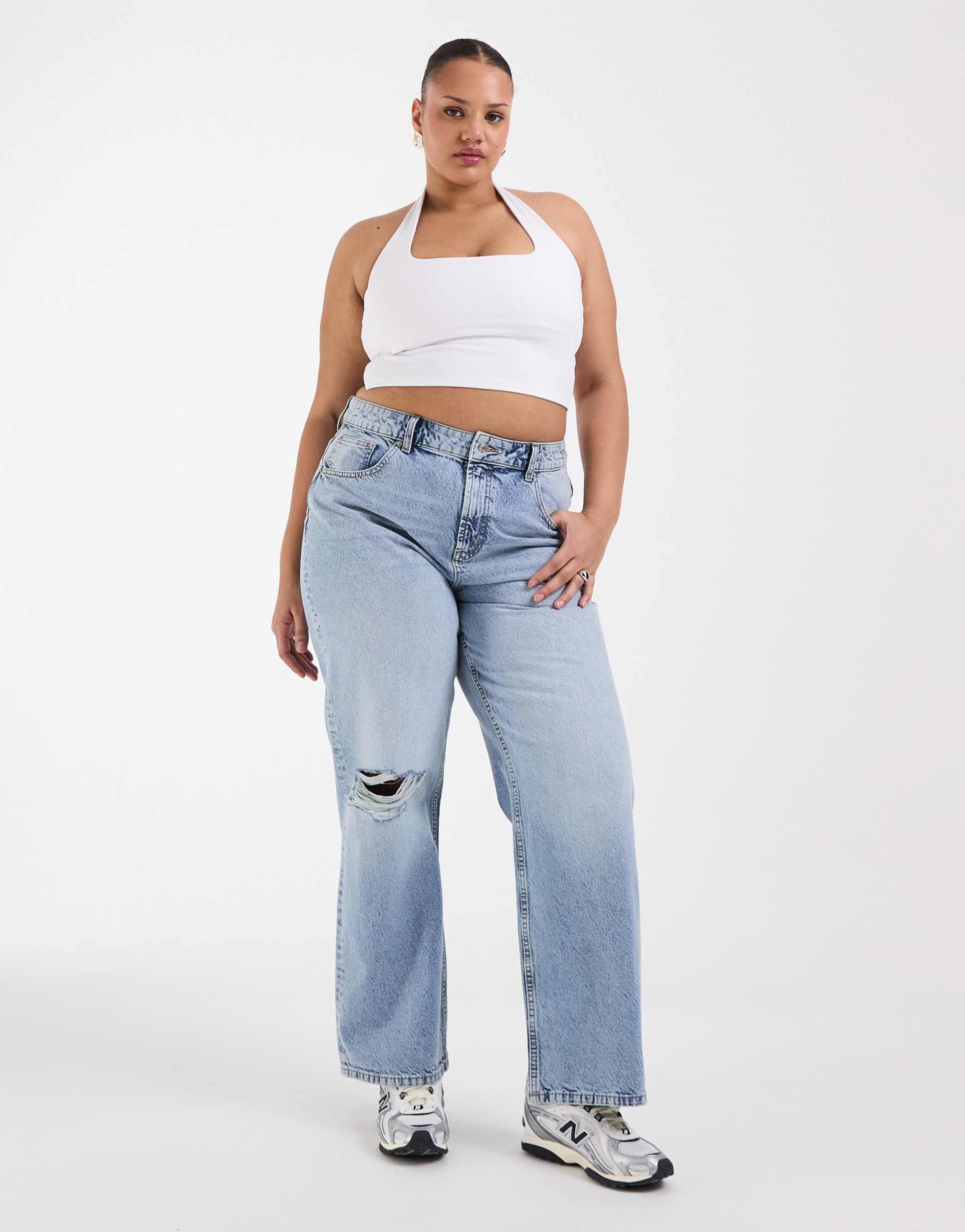 asos design curve wide leg dad jeans in light wash with knee rips