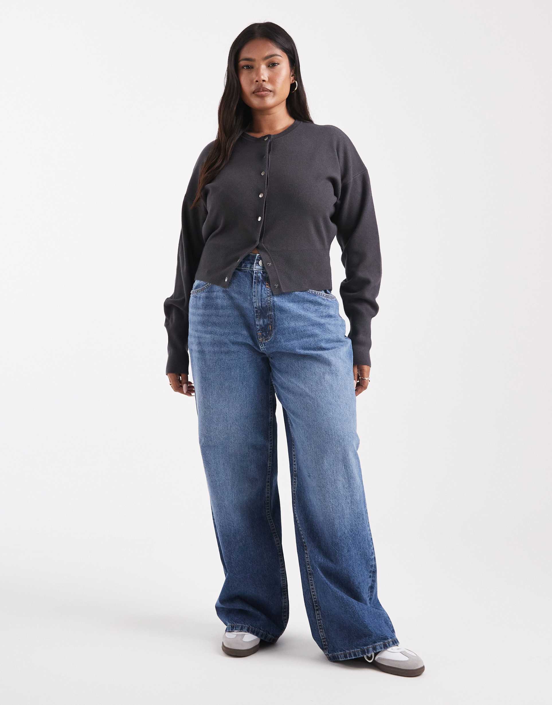 asos design curve wide leg dad jeans in mid blue circular design collection