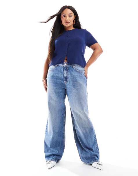 ASOS DESIGN Curve wide leg dad jeans in mid blue - view 1