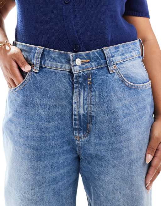 ASOS DESIGN Curve wide leg dad jeans in mid blue