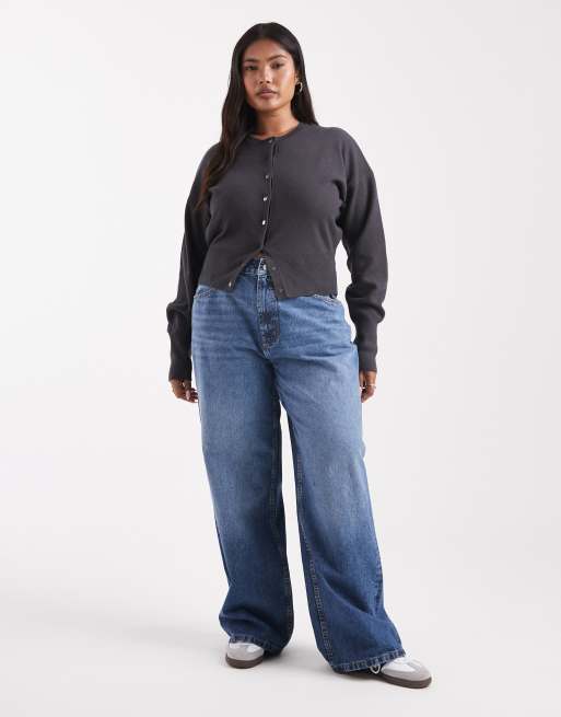 ASOS DESIGN Curve wide leg dad jeans in mid blue