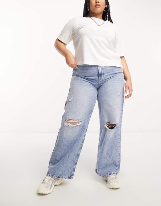 ASOS DESIGN Curve wide leg dad jeans with rips in mid blue