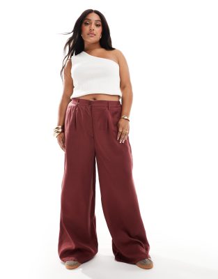 ASOS DESIGN Curve wide leg dad pants in washed burgundy-Red