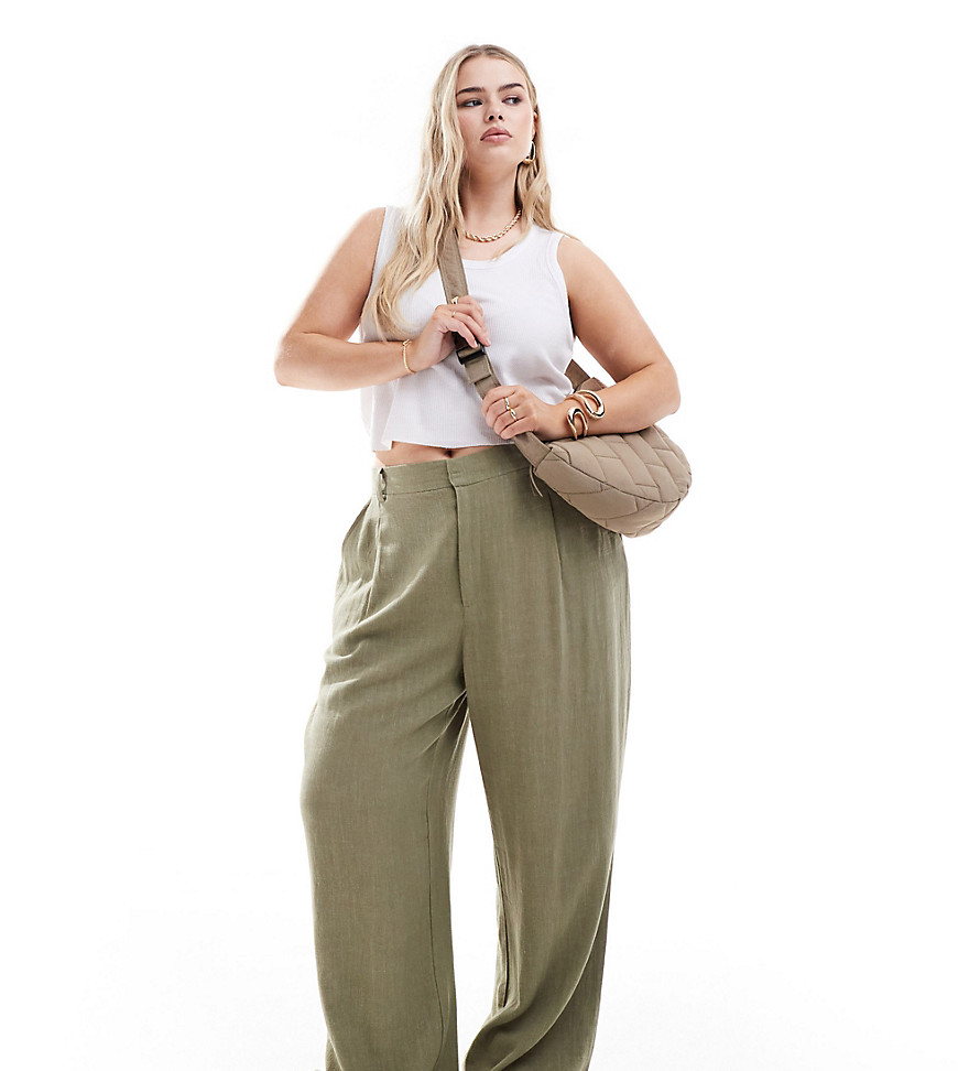 Asos Design Curve Wide Leg Dad Pants With Linen In Olive-green