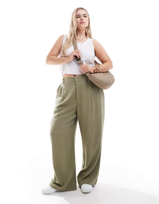 ASOS DESIGN Curve wide leg dad pants with linen in olive 