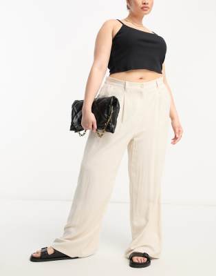 ASOS DESIGN Curve wide leg dad pants with linen in stone-Neutral