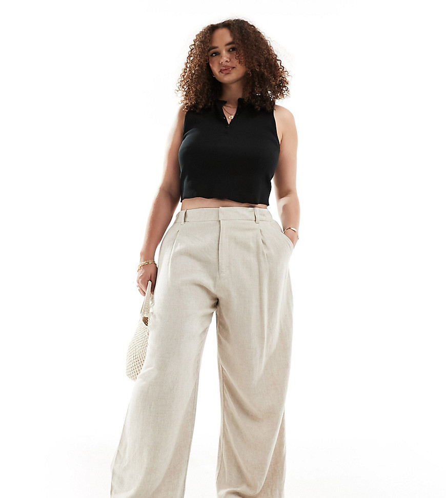ASOS DESIGN Curve wide leg dad trouser with linen in natural-Neutral