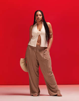 Asos Design Curve Wide Leg Dad Trouser With Linen In Stone Stripe-Multi