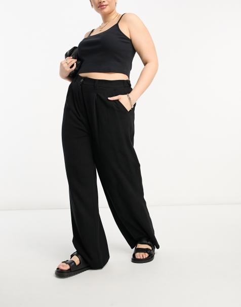ASOS DESIGN Curve wide leg dad trousers with linen in black - view 1