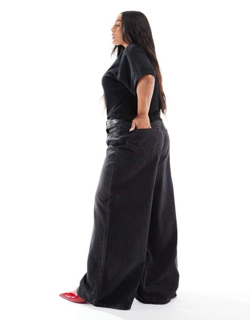 ASOS DESIGN Curve wide leg jean in black - BLACK, 3 of 5