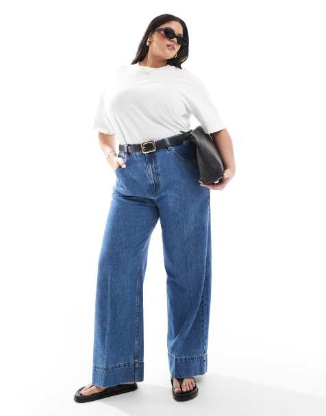 ASOS DESIGN Curve wide leg jean with crease front in dark mid blue - view 1