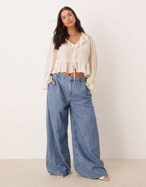 ASOS DESIGN Curve wide leg jean with linen in light mid blue - view 1