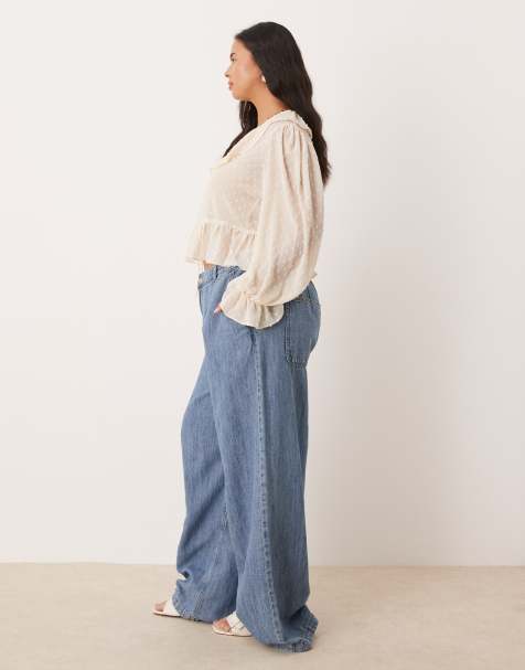 ASOS DESIGN Curve wide leg jeans with linen in light mid blue - view 1