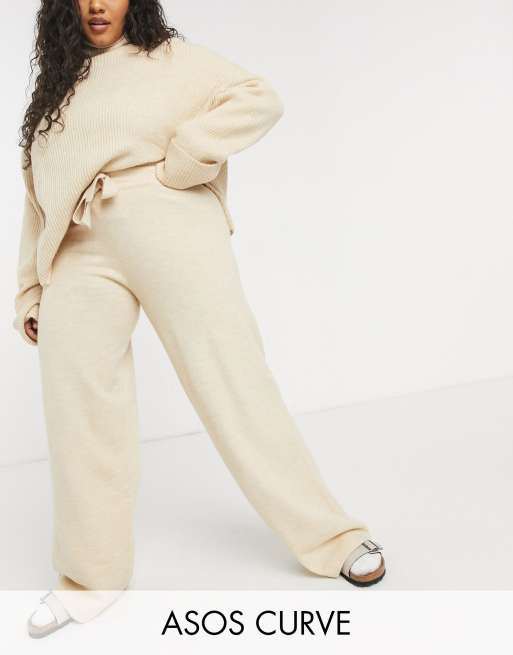 ASOS DESIGN knit sweater and wide leg pants set in cream