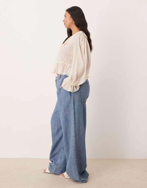 ASOS DESIGN Curve wide leg linen blend jeans in light mid blue