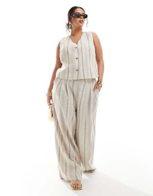 Asos Design Curve Wide Leg Linen Look Pants In Deckchair Stripe - Part Of A Set-multi