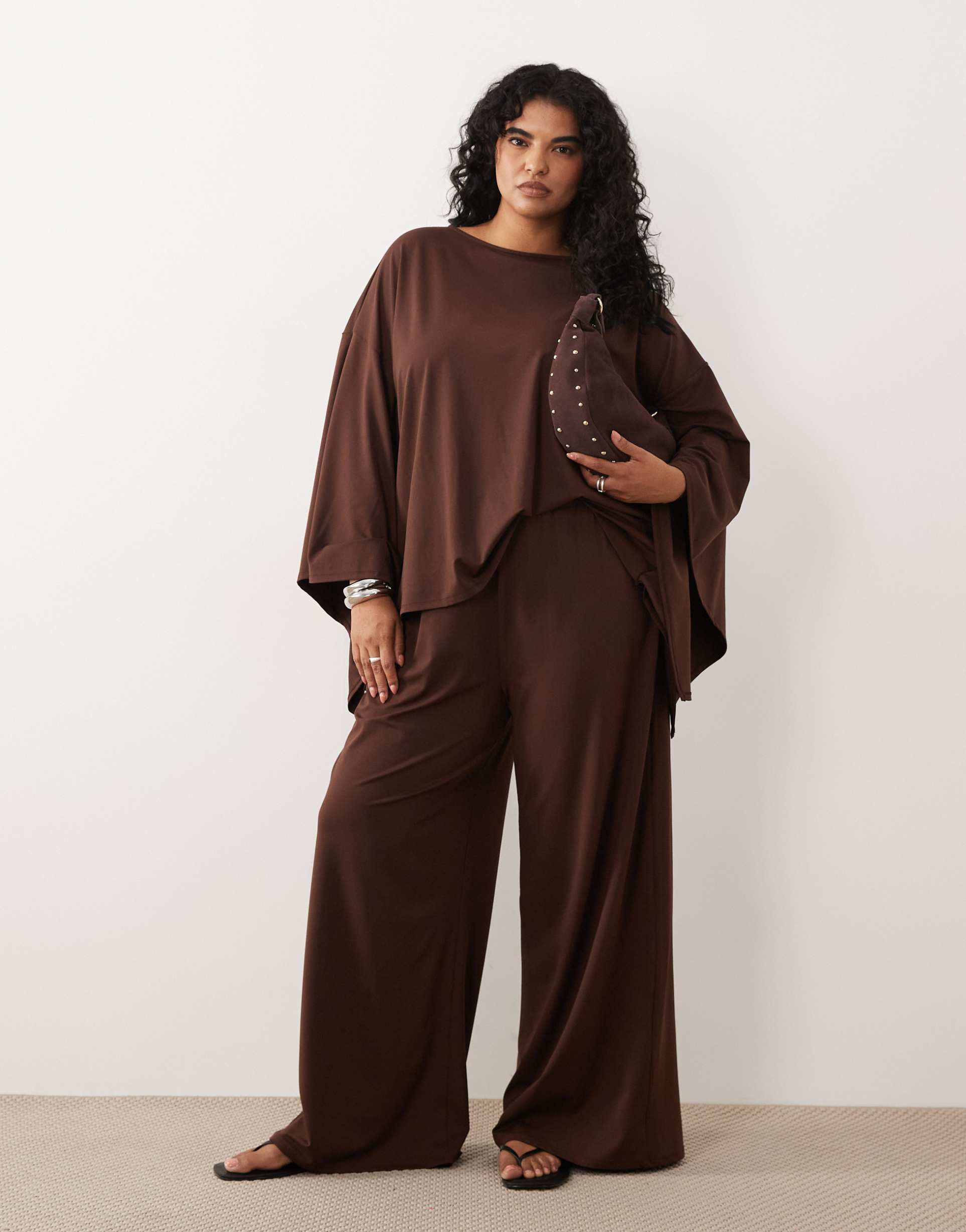 asos design curve wide leg pants in brown - part of a set