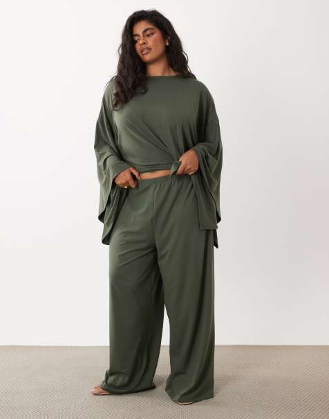 ASOS DESIGN Curve wide leg pants in khaki - part of a set - view 1