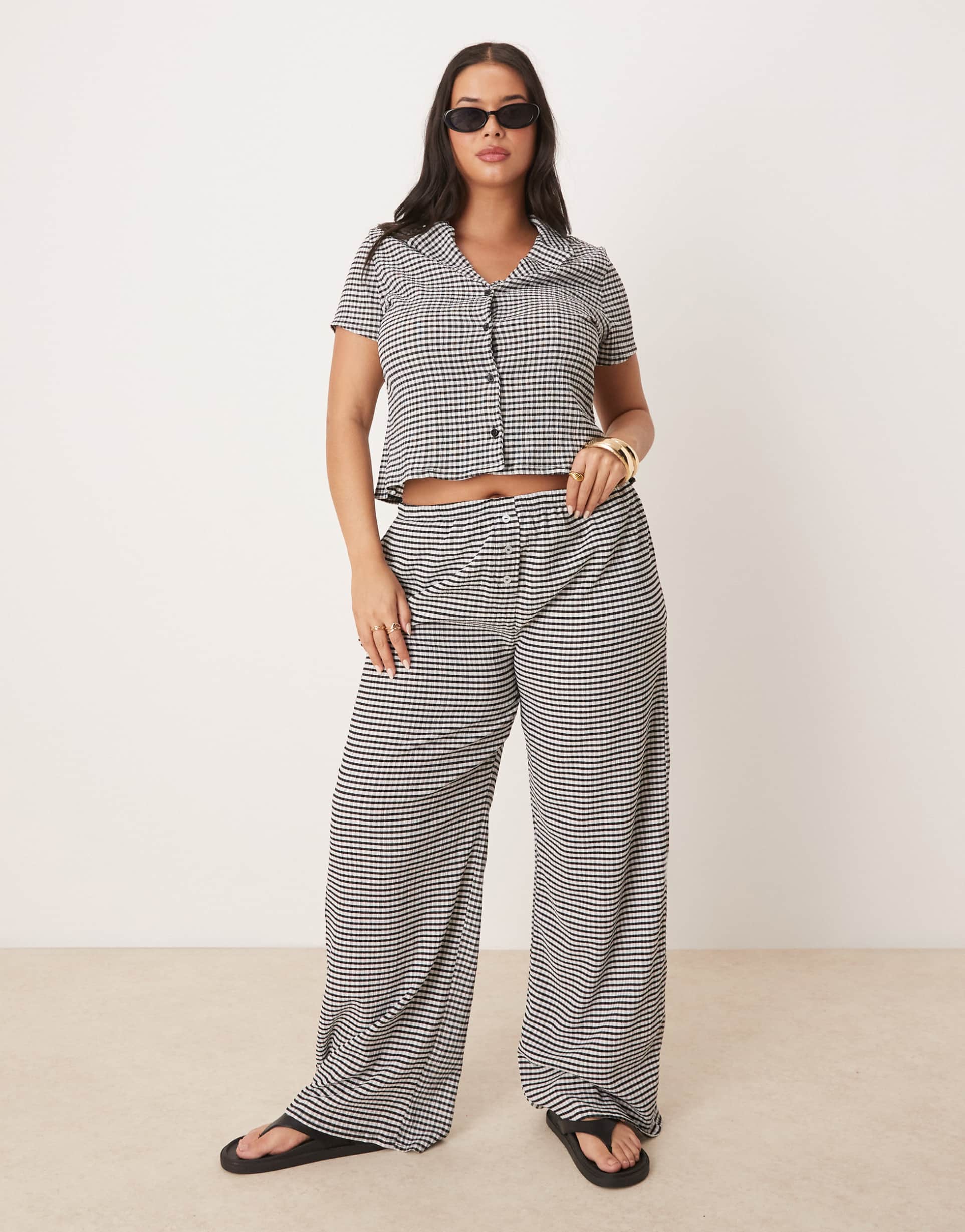 asos design curve wide leg pants in mono gingham - part of a set