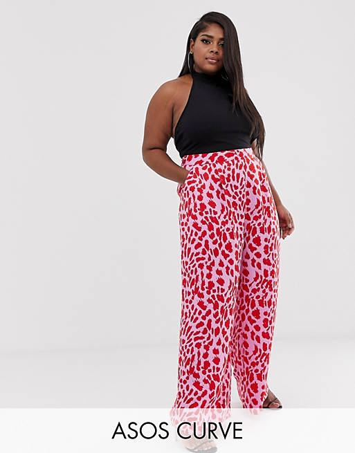 ASOS DESIGN curve wide leg pants in pink and red animal