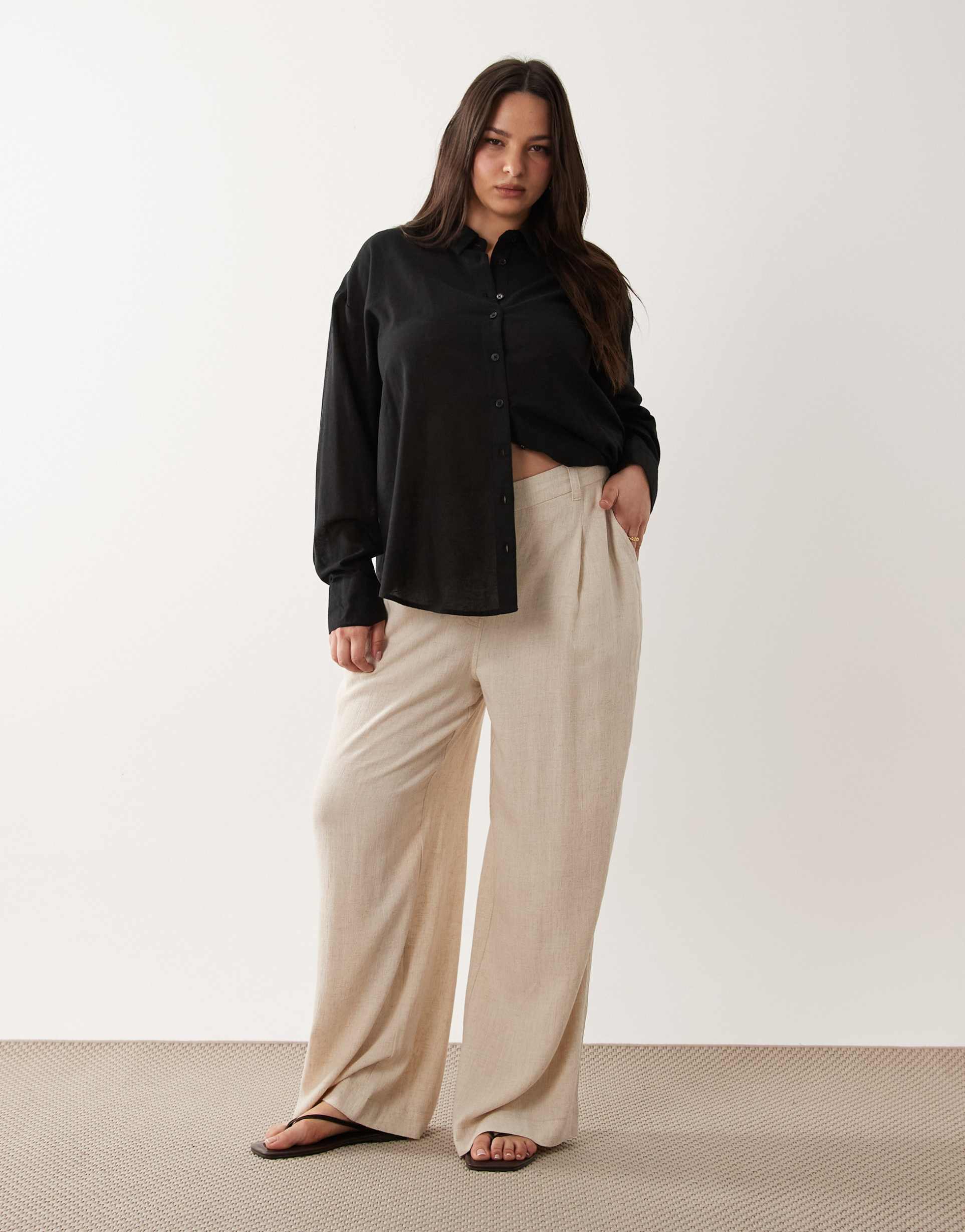 asos design curve wide leg pants with pleat detail in linen blend in natural