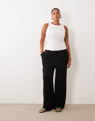ASOS DESIGN Curve wide leg pants with pleat detail in linen look in black