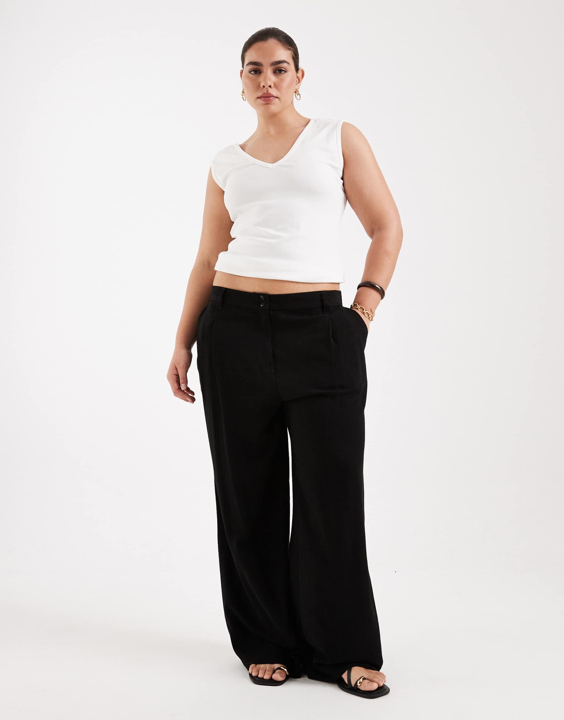 asos design curve wide leg pants with pleat detail in linen look in black