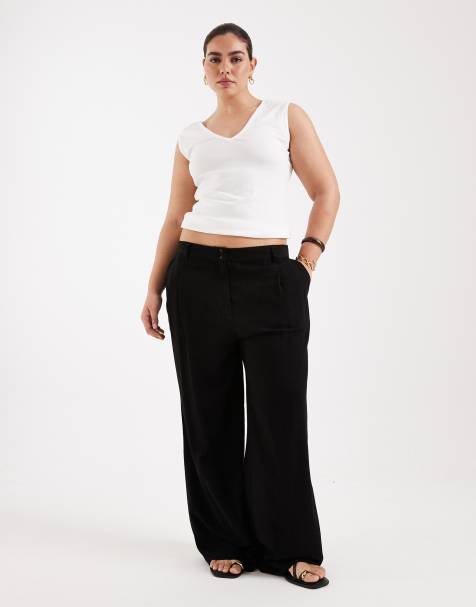 ASOS DESIGN Curve wide leg trousers with pleat detail in linen blend in black