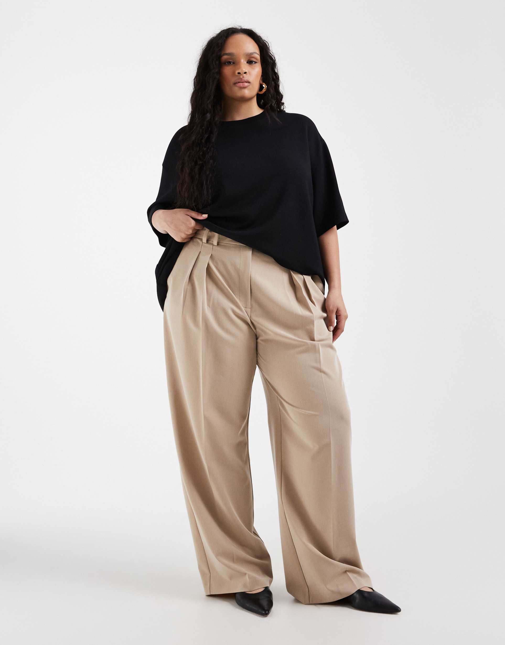 asos design curve wide leg pants with pleated detailing in stone