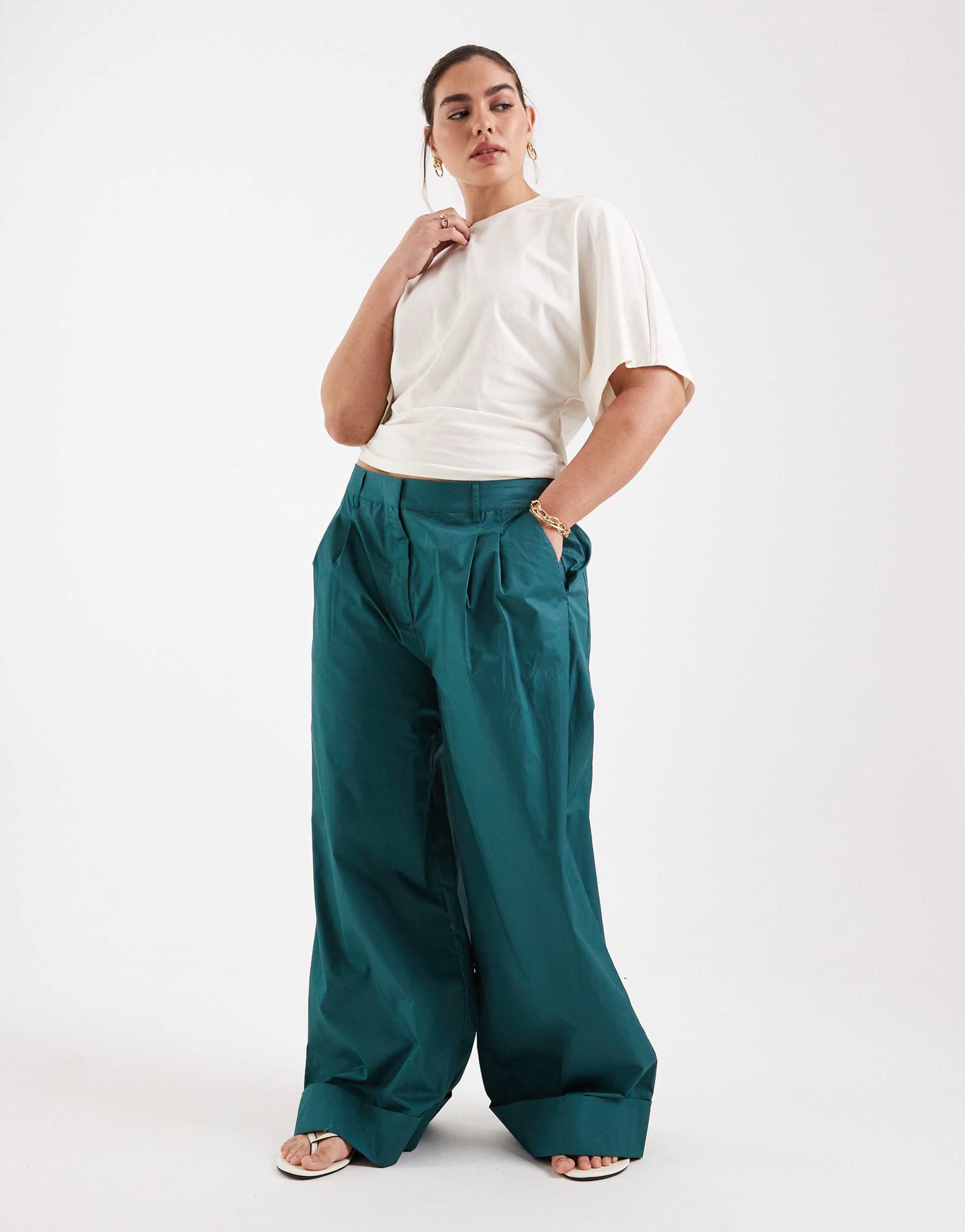 asos design curve wide leg pants with turn-up in teal