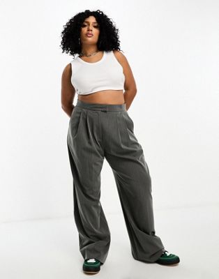 Asos Design Curve Wide Leg Pleated Striped Pants In Gray