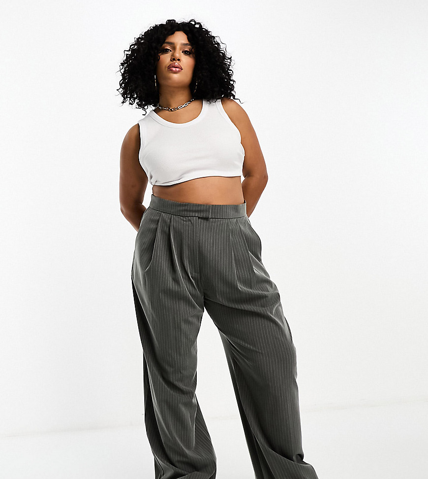 ASOS DESIGN Curve wide leg pleated striped trouser in grey