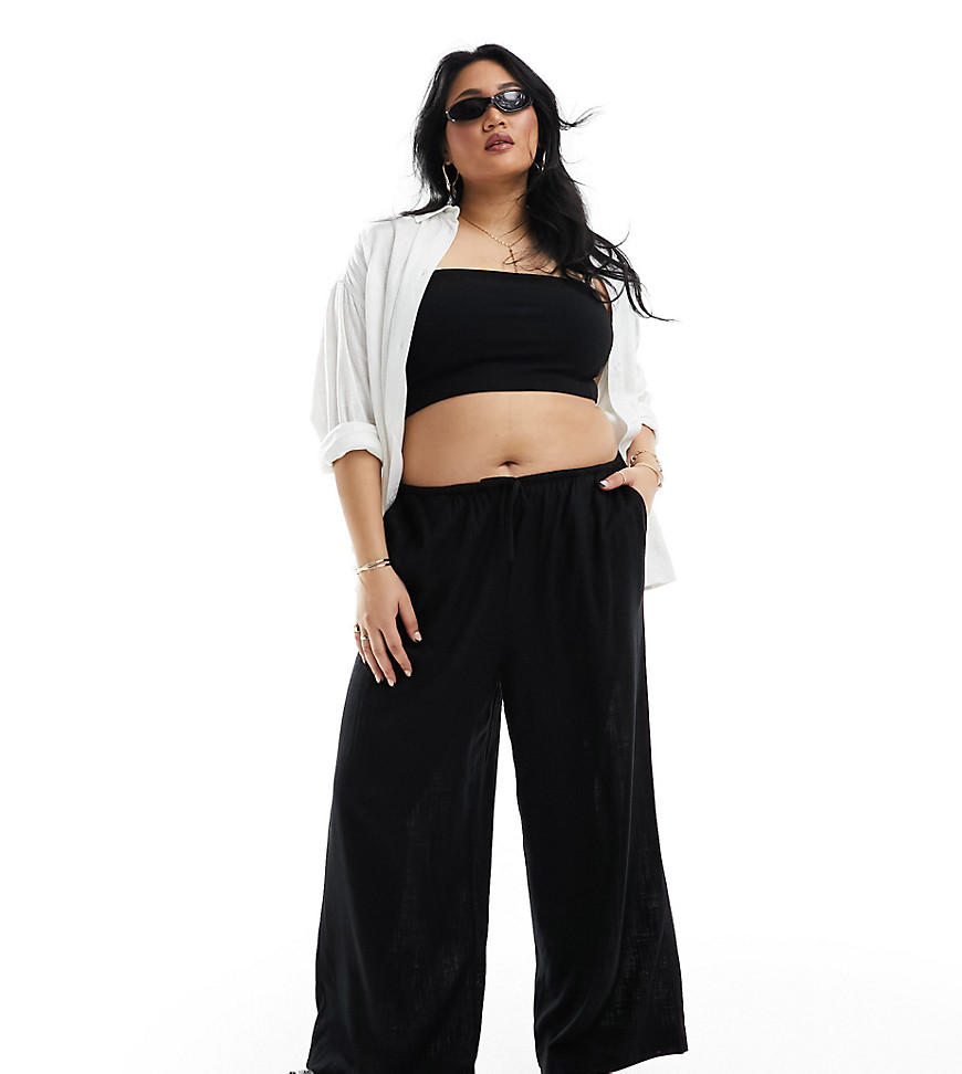 Asos Design Curve Wide Leg Pull On Pants With Linen In Black