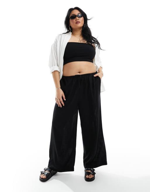 Women's High-rise Pull-on Linen Pants, Plus Size Wide Leg Pants