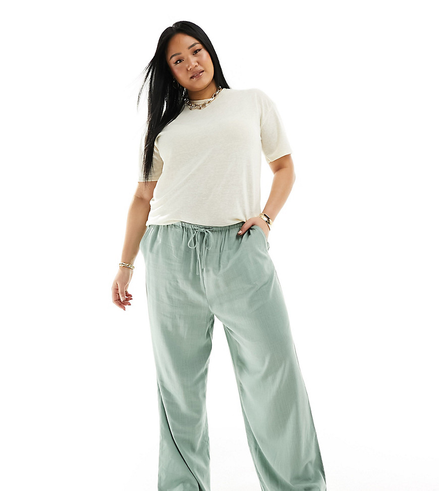 Asos Design Curve Wide Leg Pull On Pants With Linen In Green