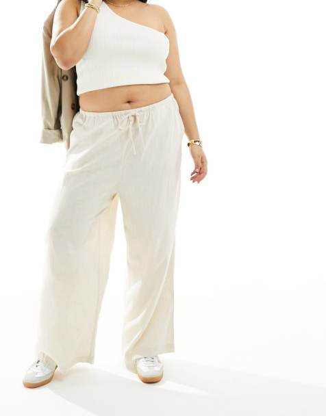 ASOS DESIGN Curve wide leg pull on pants with linen in stone - view 1