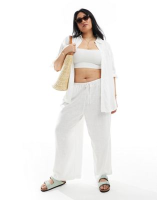 Asos Design Curve Wide Leg Pull On Pants With Linen In White