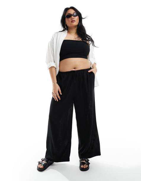 Black Linen Look Low Rise Tailored Pants