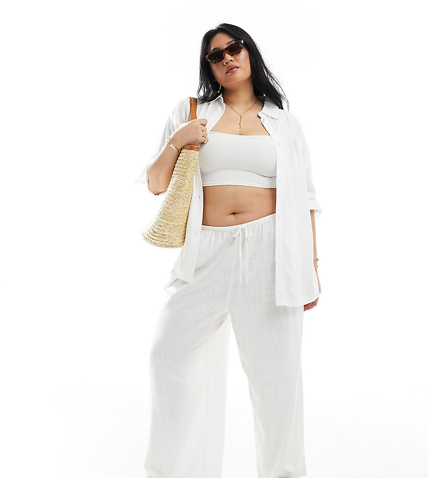 ASOS DESIGN Curve wide leg pull on trouser with linen in white