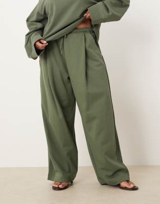 Asos Curve Asos Design Curve Wide Leg Sweatpants With Waffle Panel Detail In Green