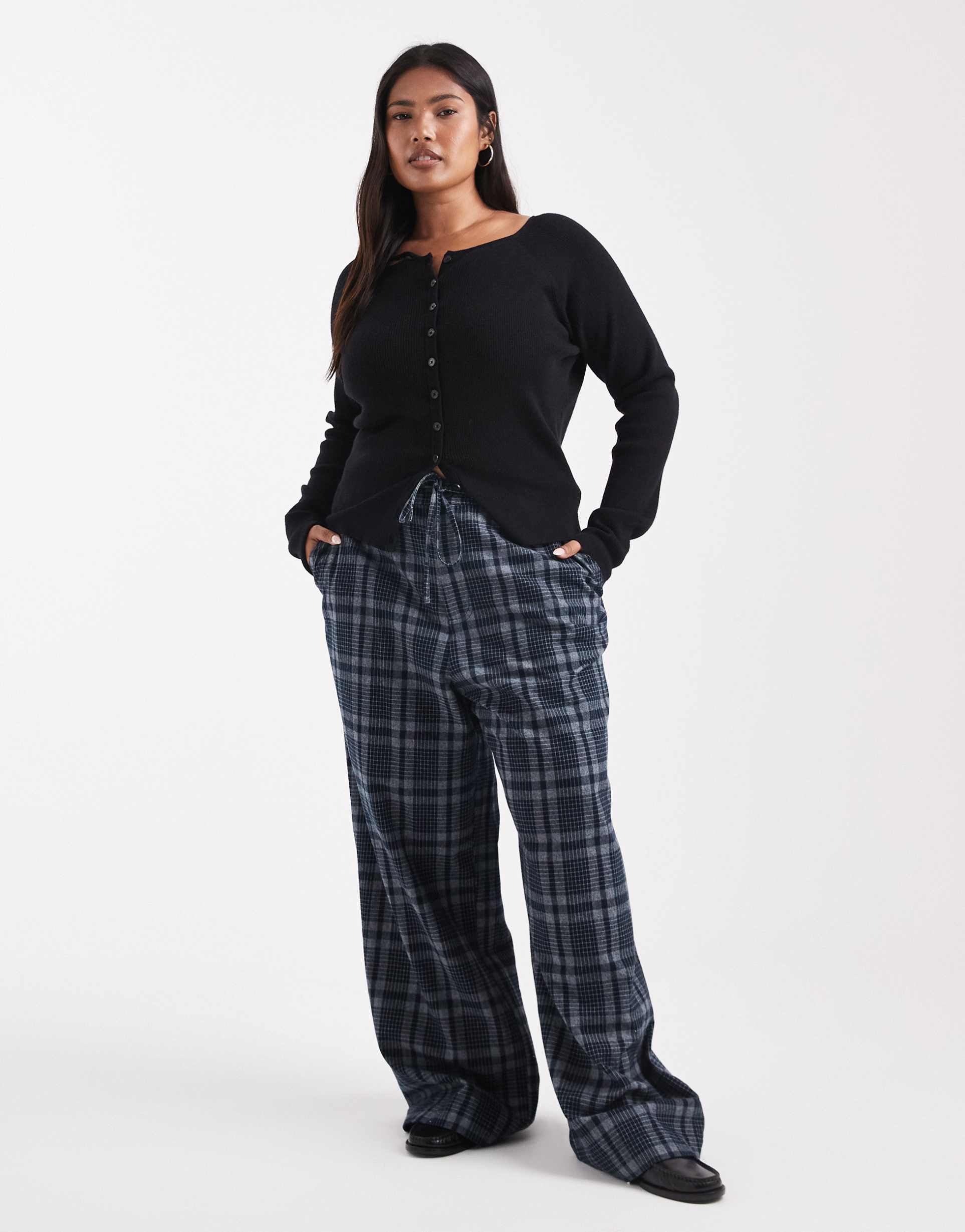 asos design curve wide leg tie waist pants in brushed navy plaid