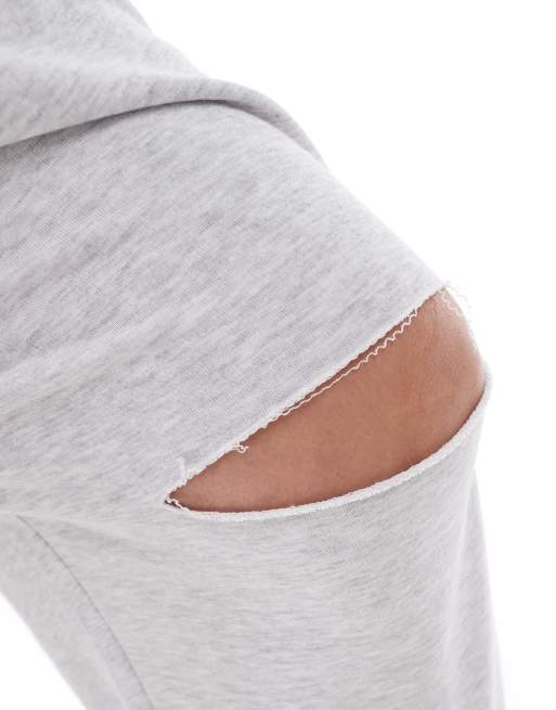 ASOS DESIGN Curve wide leg trackies with ripped knee in grey marl, 2 of 5