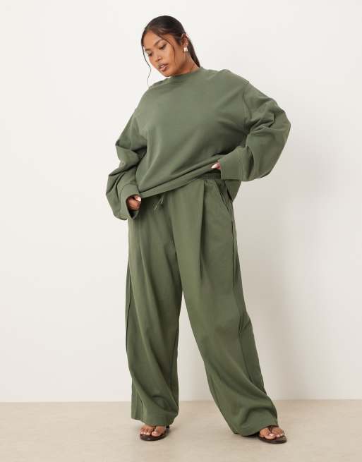 ASOS DESIGN Curve wide leg trackies with waffle panel detail in khaki (part of a set)