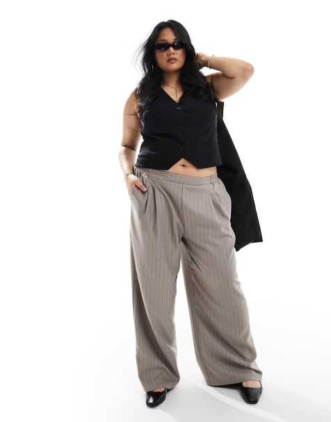 ASOS DESIGN Curve wide leg trouser in stone with black stripe - view 1